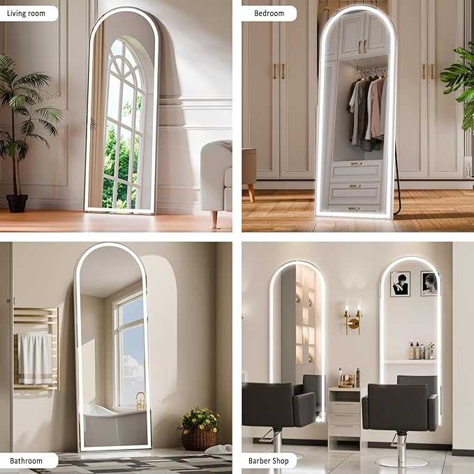 LED Arched Full Length Mirror with Lights 63"x20" - Lighted Floor Mirror with Dimming & 3 Color Lighting, Aluminum Frame Standing Leaning or Hanging for Bedroom Cloakroom White