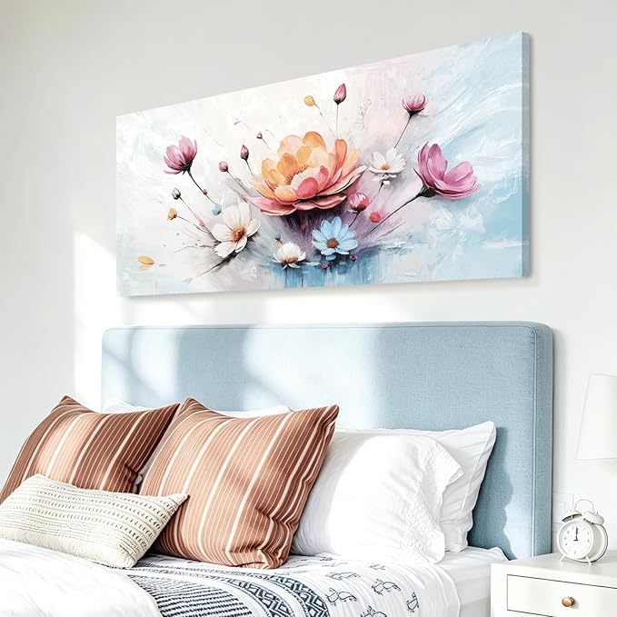 amatop Large Floral Wall Art — Orange, Blue, And Pink Flowers, Colorful Botanical Canvas Print, Modern Abstract Wall Decor For Living Room, Bedroom, Bathroom, Dining Room, And Kitchen. 48X24 Inches.