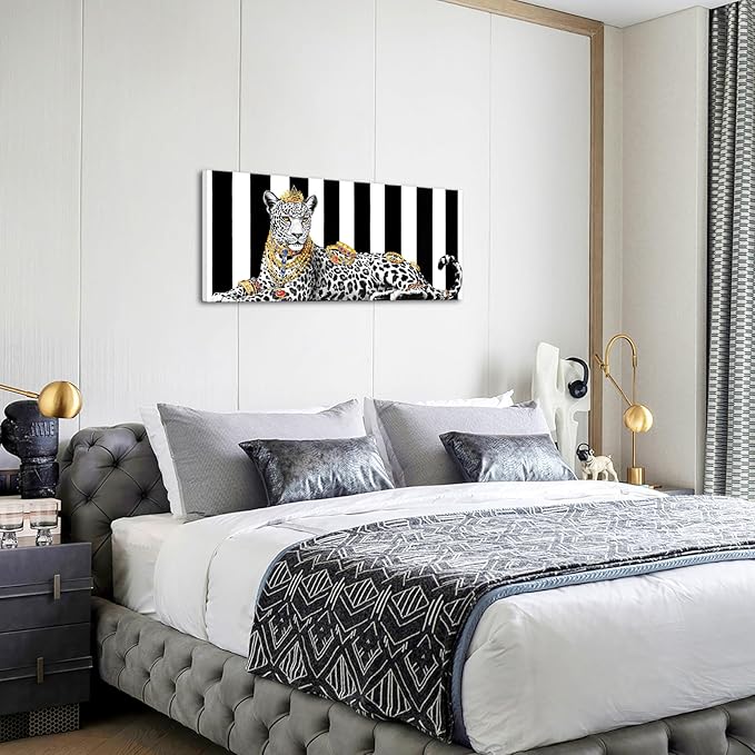 KREATIVE ARTS Luxury Leopard Wall Art 20x48 Inch Framed Canvas Glam Animal Print Jungle Decor Black and White Striped Background Modern Artwork for Bedroom Living Room Office Ready to Hang