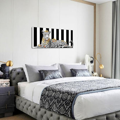KREATIVE ARTS Luxury Leopard Wall Art 20x48 Inch Framed Canvas Glam Animal Print Jungle Decor Black and White Striped Background Modern Artwork for Bedroom Living Room Office Ready to Hang