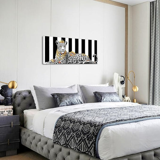 KREATIVE ARTS Luxury Leopard Wall Art 20x48 Inch Framed Canvas Glam Animal Print Jungle Decor Black and White Striped Background Modern Artwork for Bedroom Living Room Office Ready to Hang