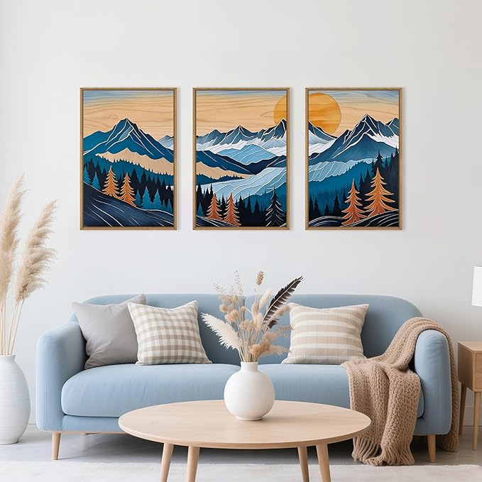 Celestdeco Boho Vintage Mountain Framed Canvas Wall Art Set,Blue Abstract Ridge Wall Decor,Woodcut Pine Tree Landscape Wall Painting, Sunrise Forest Art Print for Living Room,Bedroom,Office - 24"X36"X3