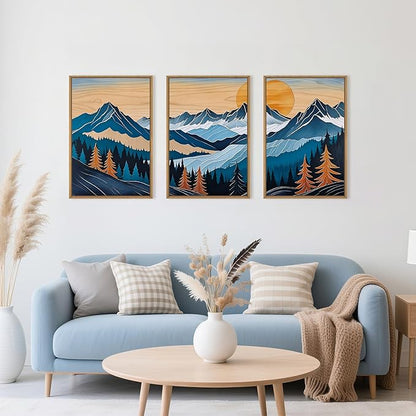 Celestdeco Boho Vintage Mountain Framed Canvas Wall Art Set,Blue Abstract Ridge Wall Decor,Woodcut Pine Tree Landscape Wall Painting, Sunrise Forest Art Print for Living Room,Bedroom,Office - 24"X36"X3