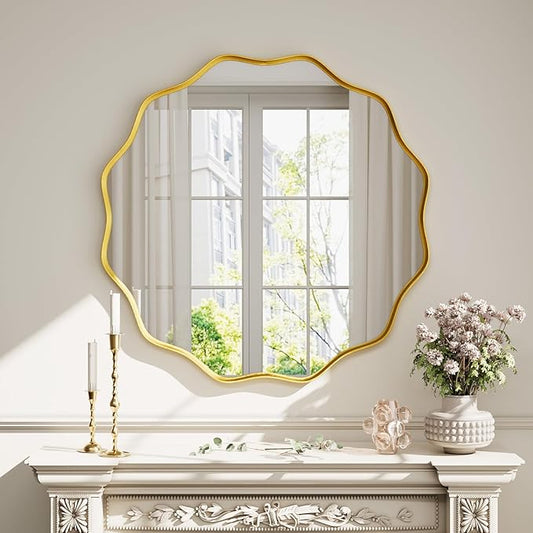 Round Wavy Mirror 36 Inch Bathroom Vanity Mirror Metal Frame Circle Wall Mounted Mirror for Bedroom Living Room Entryway Gold