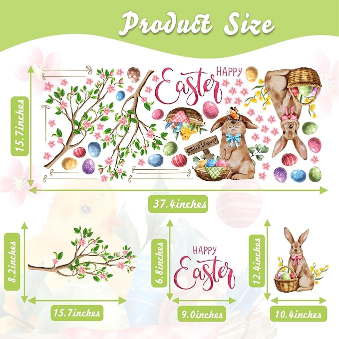 Happy Easter Wall Stickers Bunny Decals for Wall Decroation Easter Eggs Tree Branch Wall Decal Peel and Stick Easters Window Decals Spring Rabbit Sticker for Living Room Bedroom Nusery Supplies