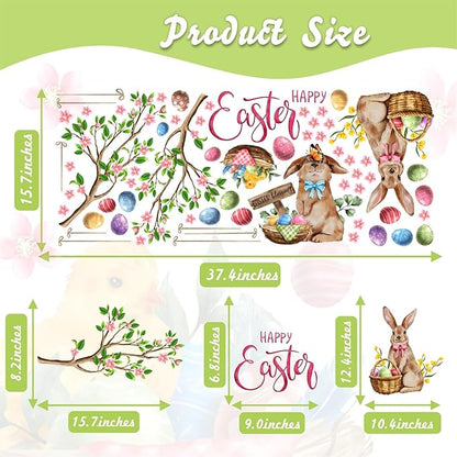 Happy Easter Wall Stickers Bunny Decals for Wall Decroation Easter Eggs Tree Branch Wall Decal Peel and Stick Easters Window Decals Spring Rabbit Sticker for Living Room Bedroom Nusery Supplies
