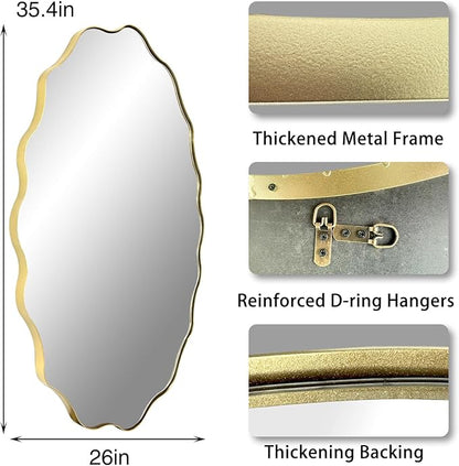 Scalloped Mirror, 35.5"x26" Oval Vanity Mirror for Over Sink, Gold Irregular Shaped Mirrors, Modern Wavy Round Mirrors for Living Room Bedroom Bathroom Hallway Entryway Fireplace