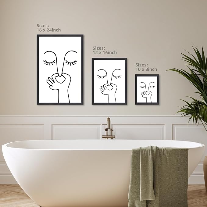 Cyebmo Funny Bathroom Wall Art, Minimalist Black and White Bathroom Picture Wall Decor, Toilet Pinching Nose Art Print for Restroom Guest BathRoom, Wood Framed Ready to Hang 16x24 Inch