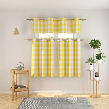 3 Pc Cotton Classic Country Farmhouse Kitchen Window Curtain Grommet Top -Yellow & White Buffalo Check Tier & Valance Set, 54" x 18" / 32" x 36"