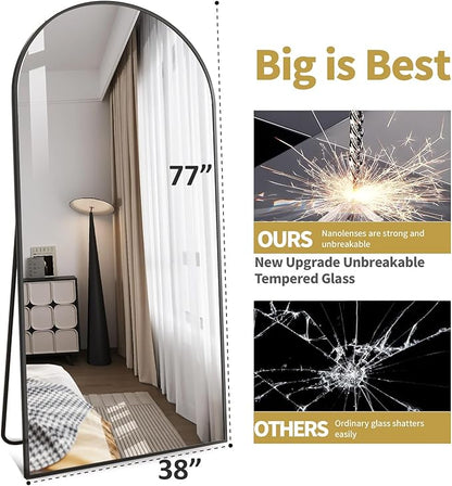 DMWOODFL 77"x38" Black Arched Full Length Mirror - Space-Saving Floor/Wall Mirror with Stand, Durable Aluminum Frame for Entryway, Dressing Room