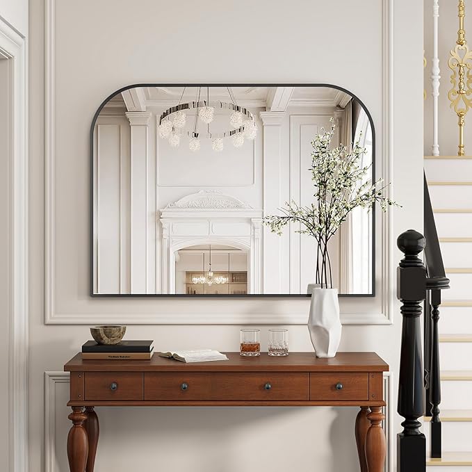Black Arched Top Wall Mounted Mirror - 36 x 24 Inch Round Cruved Top Bathroom Vanity Mirror, Aluminum Metal Framed, Home Decor for Living Room, Bedroom, Fireplace, Mantle, Entryway