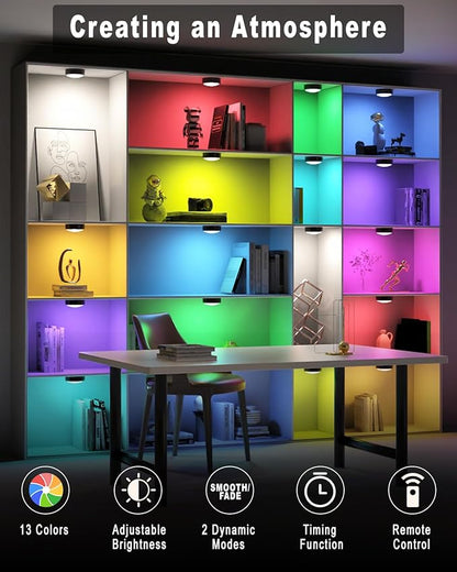 HELPLEX Puck Lights, 16 Colors Changeable Under Cabinet Lights Battery Powered Dimmable LED Puck lightings Under Counter Lights, with 2 Remote Controls, Timing Function, 18 AA Batteries
