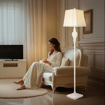 LuxSight Collection Floor Lamp for Living Room, Vintage Standing Lamp with Nightlight, 65" Tall Lamp with White Linen Shade, Farmhouse Rustic Floor Lamp for Bedroom, Office, Corner (LED Bulb Included)
