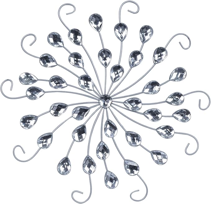 hogardeck Metal Flower Wall Decor, 11" Silver Metal Jeweled Wall Art Bling Crystal Home Décor, Sun Star Burst Rhinestone Wall Hanging Diamond Accents for for Indoor, Outdoor, Living Room, Bedroom