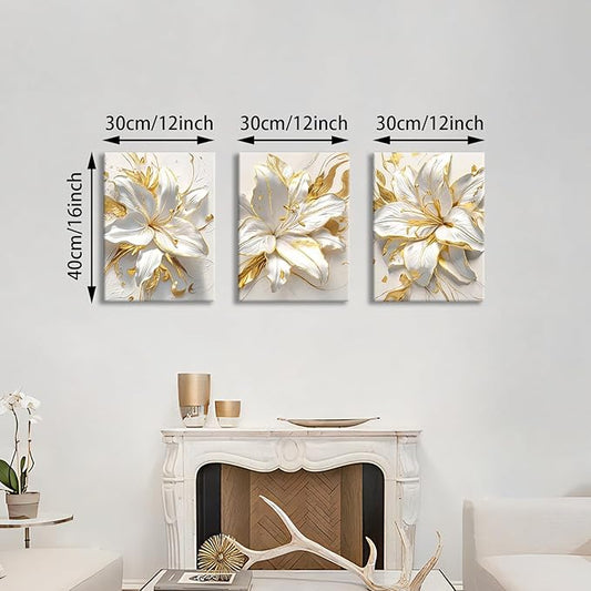 WENGTIAO 3Pcs Elegant White Lily Flowers Canvas Wall Art Boho White Floral Gold Edges Prints Pictures Paintings Beige Blossom Artwork for Living Room Bedroom Office Bathroom 12”x16 x3