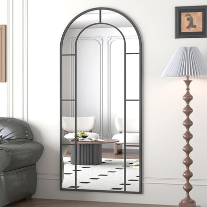Arched Full Length Mirror, 71"x32" Mirror Full Length, Oversized Floor Length Standing Mirrors, Large Body Wall Mounted Window Pane Mirrors, Hanging or Leaning (Black)