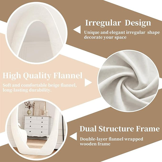 Full Length Mirror, 71"x30" Full Body Mirrors, Flannel Floor Mirrors with Stand, Irregular Wavy Mirror Hanging or Leaning Against Wall for Bedroom Living Room, Beige