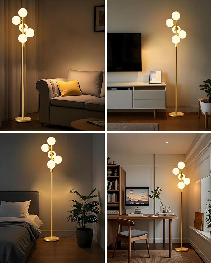Lightdot Dimmable Globe Floor Lamp Mid Century Modern Floor Lamp with 5Pcs 3000K Bulbs Included Brightness Adjustable Gold Standing Lamps with 5Lbs Heavy Base for Living Room Bedroom/Sofa Beside