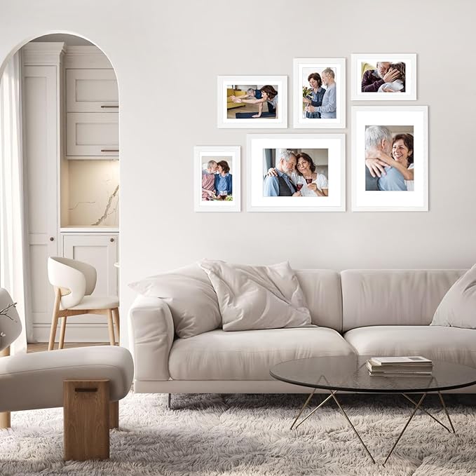 A4 Picture Frame Set of 6, Display Pictures 6x8 with Mat or 8.3x11.7 Without Mat, Document Frame,Wall Gallery Poster Frames, White