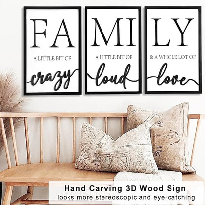 3D Wood Family Wall Decor, 48" x 24" Framed Family Sign Wall Art, 3D Pictures for Living Room (Ready to Hang, 16x24 inches, Set of 3, Framed)