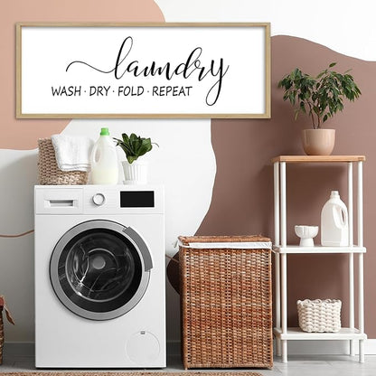 Laundry Room Wall Decor Sign 32"×12" Bathroom Laundry Rules Wash Dry Fold Repeat Large Wood Framed Wall Hanging Art (Wood)