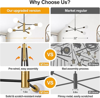 10.9"-52.3" Height Adjustable Chandelier Dining Room Light Fixture, 6-Light Modern Sputnik Chandeliers Brushed Gold and Black Mid Century Chandelier Over Table, Chandeliers for Dining Room Living Room