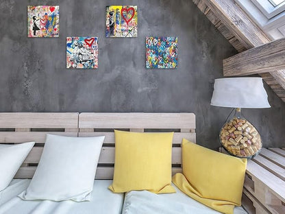 Biufo Banksy Canvas Wall Art Pictures Pop Graffiti Street Art Painting Artwork for Bedroom Living Room Wall Decor (16"x16"x4Pcs)