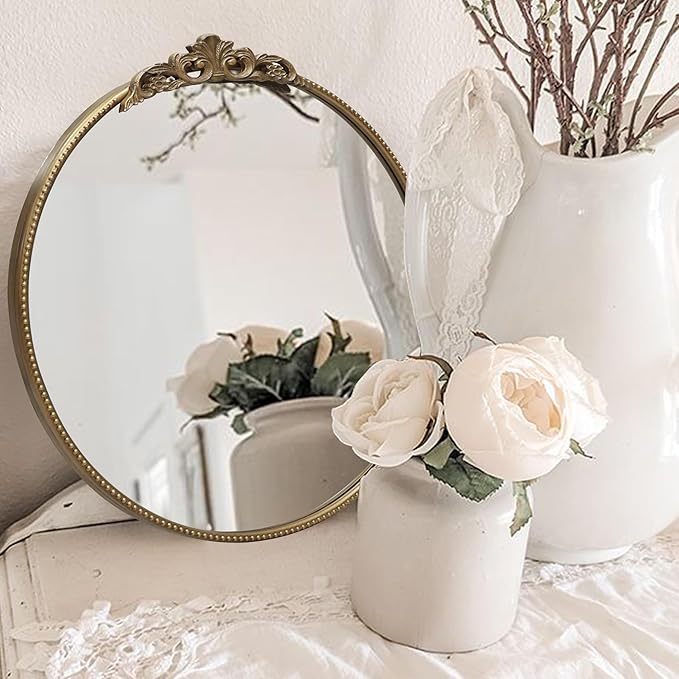30‘’ Antique Gold Round Wall Mirror with Metal Flower Carving Frame, Small Vintage Retro Baroque Mirror Ornate, Vanity Mirror for Bathroom, Fireplace,Entryway, Living Room (round vindage gold