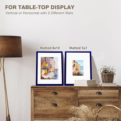 KINLINK 11x14 Picture Frame Navy, Solid Wood Frames with Acrylic Plexiglass for Pictures 5x7/8x10 with Mat or 11x14 without Mat, Tabletop and Wall Mounting Display, Set of 4