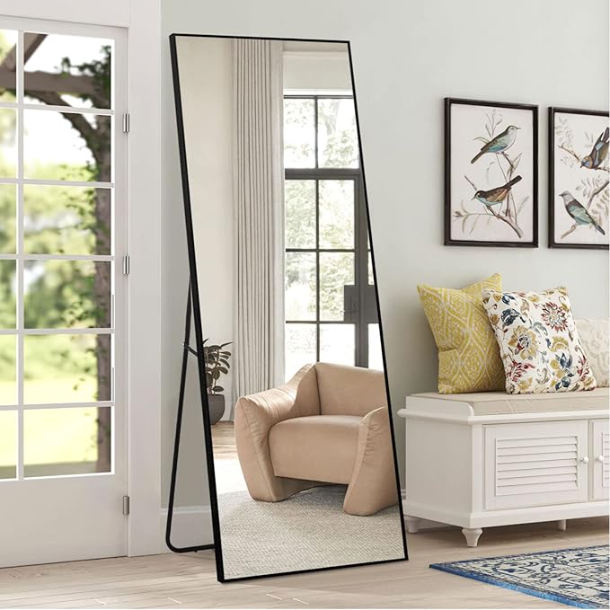 NicBex Full Length Mirror with Stand, 64"x21" Aluminum Alloy Frame Full Body Mirror, Black - Free Standing, Leaning Against Wall or Wall-Mounted