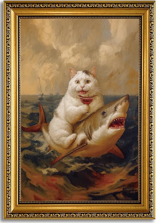 YD&YZY Gold Framed Funny Cat Bathroom Wall Art Canvas Vintage Quirky Humor Wall Decor Cat Riding Shark Martini Painting Picture Print Artwork for Bedroom Living Room Bathroom 16x24 inch Framed