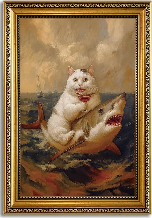 YD&YZY Gold Framed Funny Cat Bathroom Wall Art Canvas Vintage Quirky Humor Wall Decor Cat Riding Shark Martini Painting Picture Print Artwork for Bedroom Living Room Bathroom 16x24 inch Framed