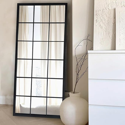 OUSHUAI Balck Full Length Mirror,Window Pane Grid Minimalism Long Floor Wall Mounted Mirrors for Entryway,Hallway,Living Room,Fireplace 22"X53"