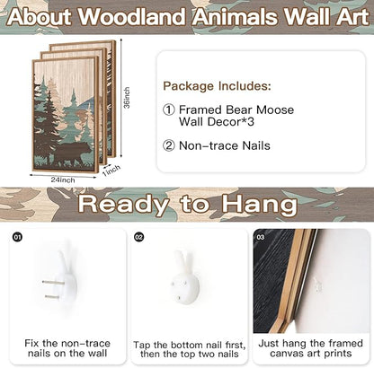 CHDITB Woodland Bear Moose Framed Wall Art(Set of 3, 24"x36"), Retro Wildlife Wild Animals Nature Forest Artwork Painting, Large Cabin Hunting Adventure Mountain Sun Posters Print for Nursery Boy Room