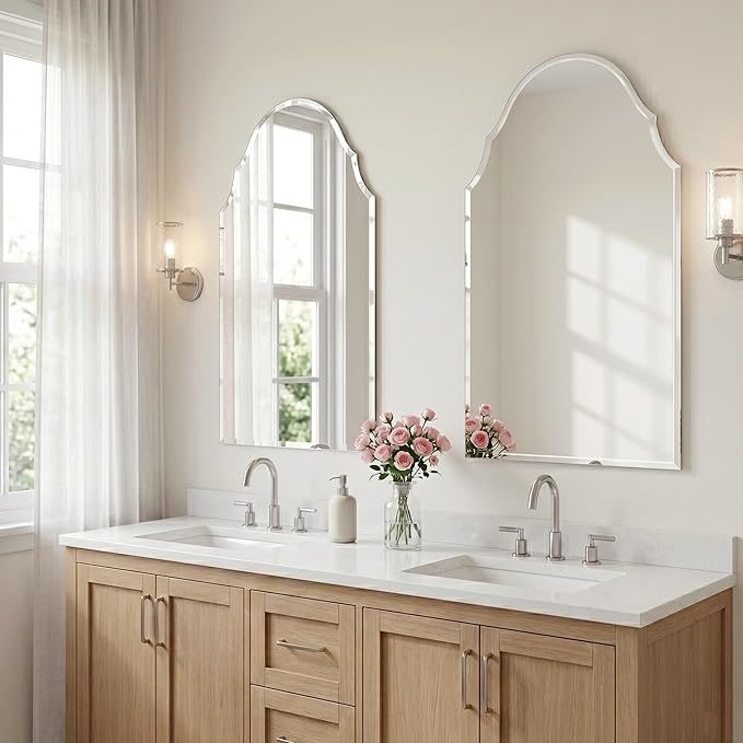 Frameless Arch Wall Mirror 40x24 Inch, Decorative Beveled Vanity Mirror for Bathroom, Entryway & Bedroom