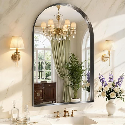 Arched Bathroom Mirror, 30"x48" Black Frame Mirror for Wall Mounted, Bathroom Vanity Mirror with HD Tempered Glass, Bedroom, Living Room, Entry Way, Vanity, Restroom