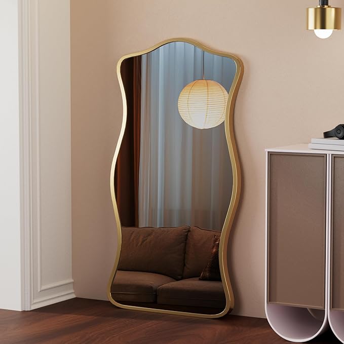 Irregular Wavy Wall Mirror,47"x22"Asymmetrical Wall Mirror,Aluminum Alloy Frame Large Abstract Modern Unique Shape Full Length Mirrors for Living Room Bathroom Bedroom Entryway Hallway