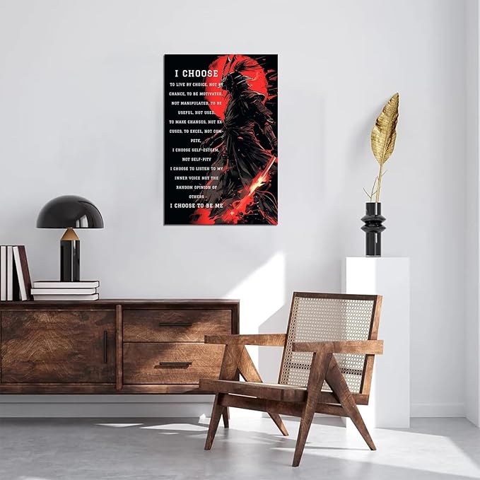 Armored Samurai Wall Art I Choose to Live by Choice Canvas Prints Vintage Japanese Artwork Black Motivational Poster Inspirational Quotes Painting for Men Bedroom Living Room Office (12''W x 16''H)