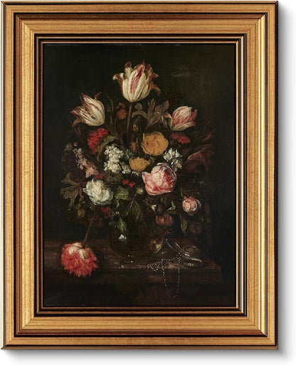 VIYYIEA Vintage Gold Framed Floral Wall art, Dark Rose Academia Moody Traditional Decor, Aesthetic Classical Roses and Tulips Baroque Still Life Pictures for Bedroom Living Room, 8x10inch