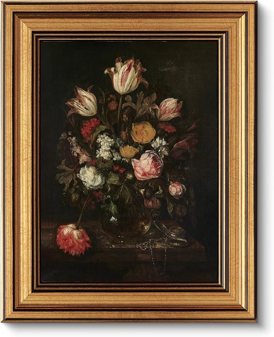 VIYYIEA Vintage Gold Framed Floral Wall art, Dark Rose Academia Moody Traditional Decor, Aesthetic Classical Roses and Tulips Baroque Still Life Pictures for Bedroom Living Room, 8x10inch