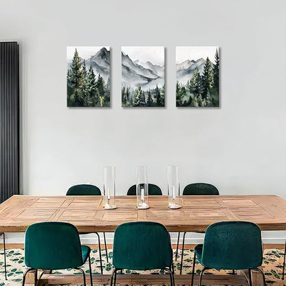 WANGTIAO 3 Panels Framed Canvas Wall Art for Living Room, Abstract Mountain Forest Views Ink Wall Decor for Dedroom Office Wall Paintings Green Landscape Art Prints Pictures Ready to Hang 20"x28"x3