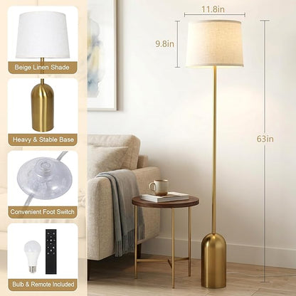 Gold Floor Lamps for Living Room, Dimmable Standing Lamp with Remote and Bulb, Modern Brass Tall Lamp with Heavy Metal Base, 3 Color Temperatures, Vintage Stand Up Light for Bedroom Reading Corner