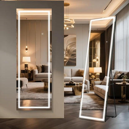 Kosmonia 59x16 Frameless Full Length Mirror, Dimmable 3 Color LED Light w/Memory Function, Distortion Free, HD Reflection & Anti Desilvering, Tempered Glass, Easy Setup w/Stand, Wall/Standing