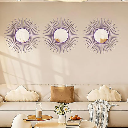 3 Pack Metal Mirrors for Wall Sunburst Wall Mirrors Home Décor Decorative Hanging Wall Art for Living Room Bedroom Entryway (Purple, Sunburst)