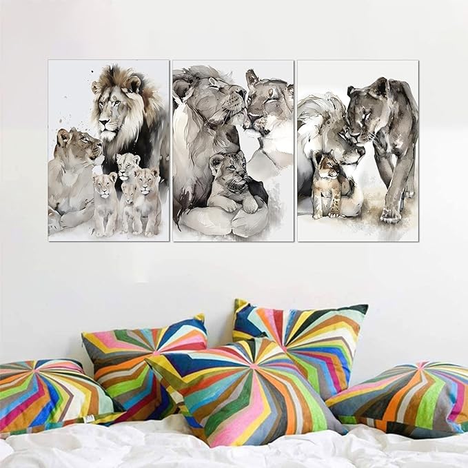 Large Wall Art Lion Family Pictures Wall Decor Artwork 3 Pieces Wild Animal Portrait Posters Watercolor Style Lion Prints for Living Room Office Decor Framed, 24"x36"x3