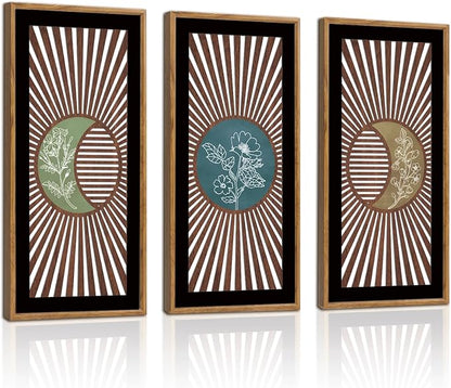 IARTTOP 3Pcs Boho Moon Phase Wall Decor Framed Celestial Wood Wall Art Set Mid Century Modern Abstract Geometric Botanical Hanging Decor for Living Room Bedroom Minimalist Home Decor 7.9x15.8 Inch