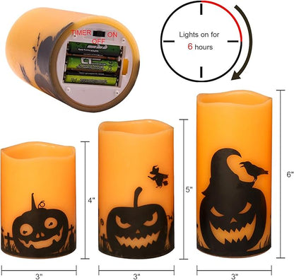 Pumpkin Flameless Candles Battery Operated with 6 Hour Timer, Set of 3 Real Wax LED Flickering Pillar Candles Spooky Halloween Decor Candle(3 x 4, 5, 6 Inches)
