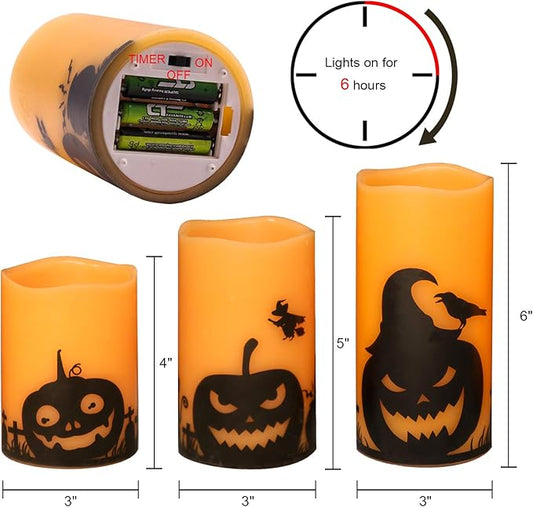 Pumpkin Flameless Candles Battery Operated with 6 Hour Timer, Set of 3 Real Wax LED Flickering Pillar Candles Spooky Halloween Decor Candle(3 x 4, 5, 6 Inches)