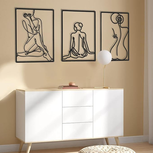 CHENGU 3 Pieces Metal Minimalist Abstract Woman Wall Art Line Drawing Wall Art Decor Single Line Female Home Hanging for Kitchen Bathroom Living Room