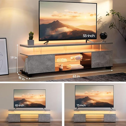 Cubehom Grey TV Stands for Living Room,Glass TV Stand, LED TV Stand for 75+ inch TV,Entertainment Center for Living Room,Bedroom,Home Office